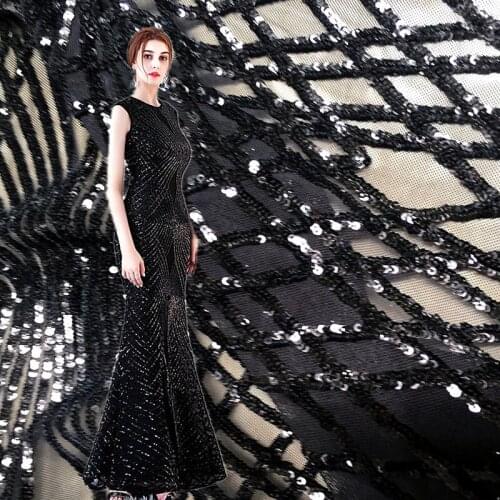 GLace 1Y/lot Four sided elastic diamond lattice sequin mesh embroidered fabric for dress evening dress accessories TX782