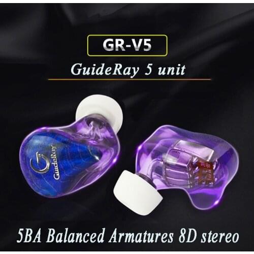 GuideRay GR-V5 unit 5BA Balanced Armatures 8D stereo HiFi earphone Knowles drivers with 16 Core silver-plated cable 0.78mm