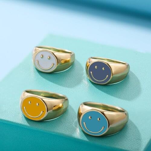 Ins New Smile Gold Metal Drop Oil Thick Ring Colorful Smiley Rings for Women Girls Fashion Happy Face Lucky Jewelry Gift