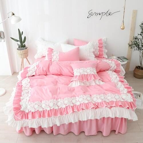 100%Cotton Bedding Set with Lace Pink Color Bed Cover Sets for Girls Single Queen King Size Bed Skirt Comforter Cover Bed Sets
