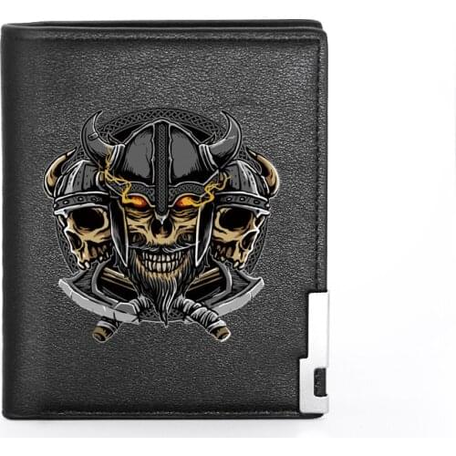 Punk Style Norse Mythology Odin Skeleton Skull Printing Leather Wallet For Men Credit Card Holder Short Purse