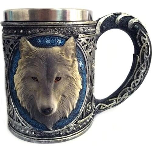 Mug Personality Retro 3D Wolf King Mug Double Stainless Steel Wolf Head Coffee Mug Magic Theme Knight Mug B20026