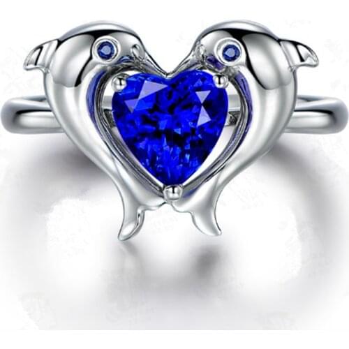 Cute Blue Crystal Heart Dolphin Rings Womens Fashion Creative Jewelry Accessories Engagement Rings Birthday Gift For Girlfriend