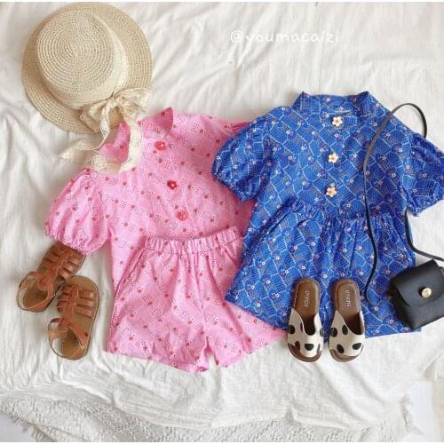 2021 new cotton girls 2 pcs set summer cotton printed shirt+shorts cool soft kids suit