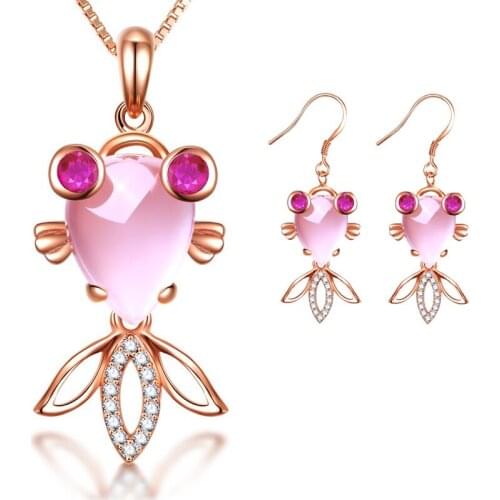 Ociki Rose Gold Color Fish CZ Crystal Ross Quartz Pink Opal Necklace and Earrings Jewelry Set for Women Girls Drop Shipping