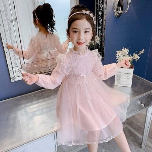 Girls' dress spring autumn new lace embroidery children dress little lantern sleeve girls princess dress 4-9Y