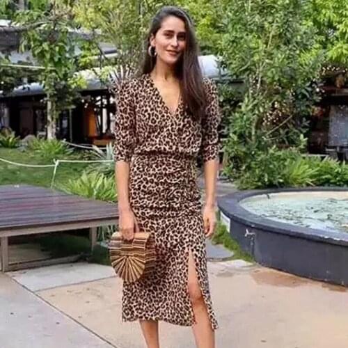 Foridol leopard print slit dress women v neck long maxi autumn winter party dress ruched ladies dress vestidos 2020