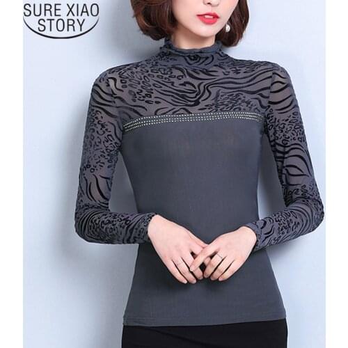 Casual Mesh Slim Tops 5XL Red Blouse Korean Fashion Clothing Autumn Long Sleeve Blouse Blusas Mujer De Moda 2021 5933 50