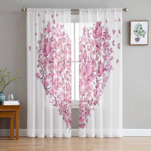 Pink Butterfly Love Sheer Curtains for Living Room Bedroom Tulle Curtains Kitchen Window Treatments Panel Drapes