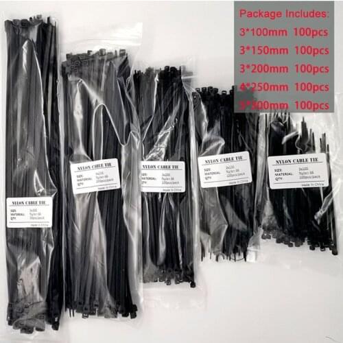 Self-locking plastic nylon tie Black 4*250,5*300mm,Cable tie fastening ring3*200mm Cable tie zip wraps strap nylon cable tie set