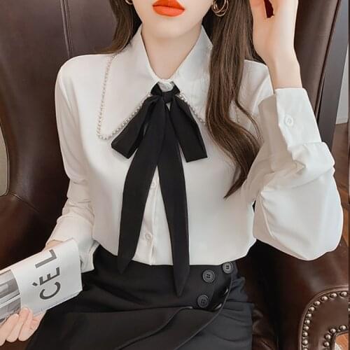 Bow 2021 Spring Autumn Tops Beading Button Cardigan White Shirt Women Blouses Korean Fashion Clothes Long Sleeve Chemisier Femme