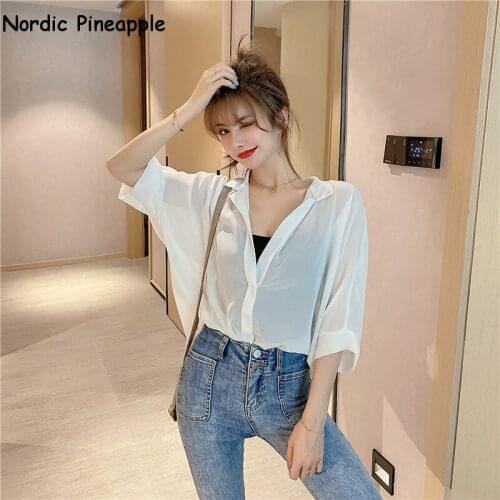 2020 summer loose chiffon shirt batwing short-sleeved shirt female shirt Strap inside