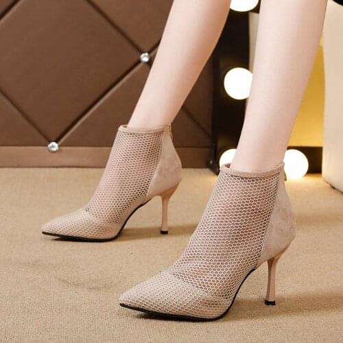 2019 new arrived woman mesh ankle boots for women summer 9cm thin heels boots sandal ladies pointed toe shoes sandals sandalias
