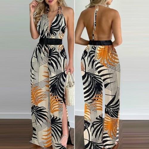 Womens Jumpsuit Printed Halter Printed Skew Pants V Neck Top Straight Pants Belt Sexy Sleeveless Loose Pants Charming Playsuit