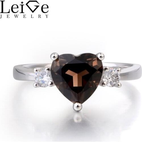 Leige Jewelry Wedding Ring Natural Smoky Quartz Ring Heart Cut Brown Gemstone 925 Sterling Silver Ring Romantic Gifts for Women