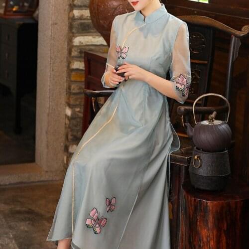 2021 Womens Summer New Temperament Butterfly Embroidered Cheongsam Improved Chinese Style Dress