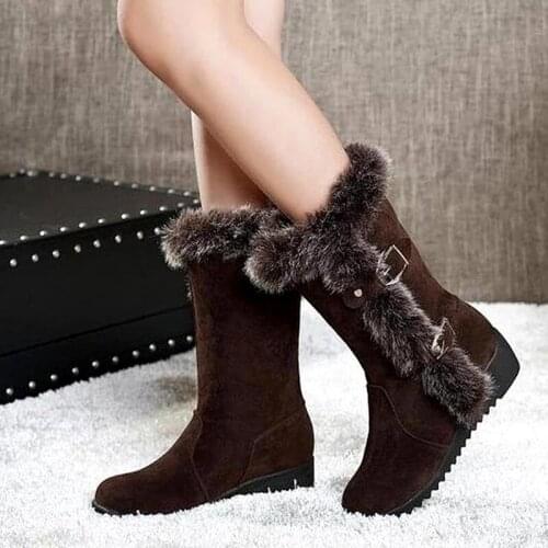 Winter Warm Women Shoes Snow Boots Wedges Low Heel Solid Color Mid-Calf Boots Furry Buckle Outdoor Boots Non-Slip Lady Feetwear