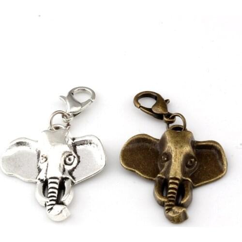 10Pcs /Lots Antique Bronze Elephant Head Charm Bead With Lobster Clasp Fit Bracelet Jewelry DIY 22.8x41mm