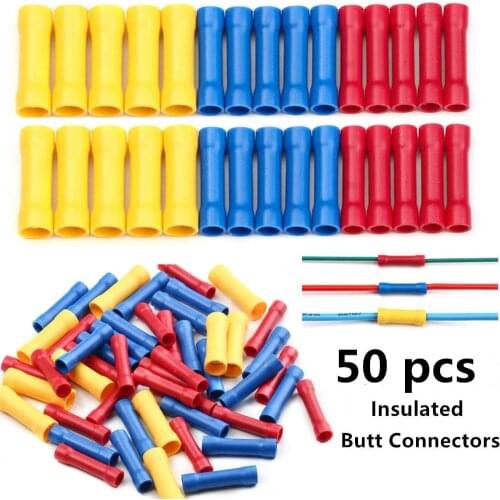 50pcs Assorted Insulated Crimp Terminals Electrical Wire Cable Butt Connectors Crimping Terminal BV1.25