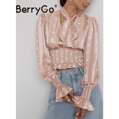 BerryGo Youth series polka dot women short blouse autumn Elegant lace up ladies blouse shirt Smock poet long sleeve fashion tops