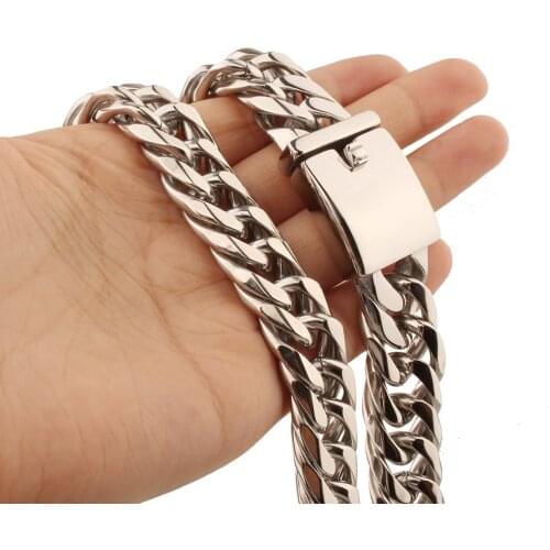 New Design 16mm Wide Stainless Steel Silver Color Polished Double Cuban Curb Chain Biker Jewelry Mens Necklace Or Bracelet 7-40"