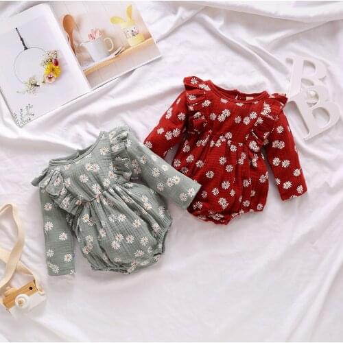 Autumn Babys Girls Romper Little Print Daisy Pattern Round Neck Long Sleeve Jumpsuit One-piece Suit for Toddler Girls