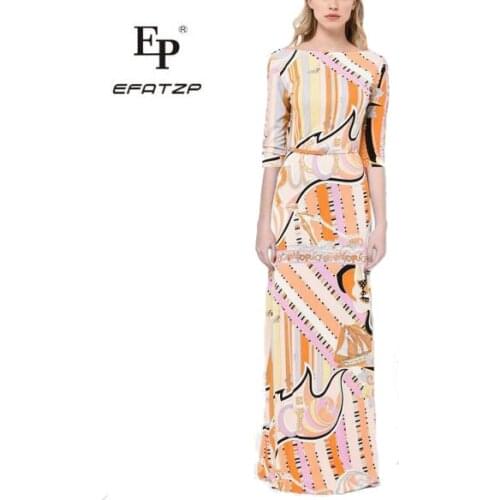 EFATZP New Fahion 2018 Designer Luxury Maxi Dress Womens Long sleeve Geometry Print XXL Stretch Jersey Silk Spandex Long Dress