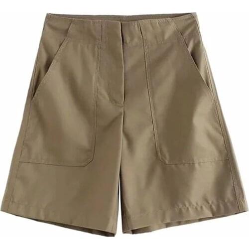 Nlzgmsj Za 2021 Women Elegant Green Pockets High Waist Shorts Pants Mujer Femme Zipper Pockets Casual Soft Short Pants 202106