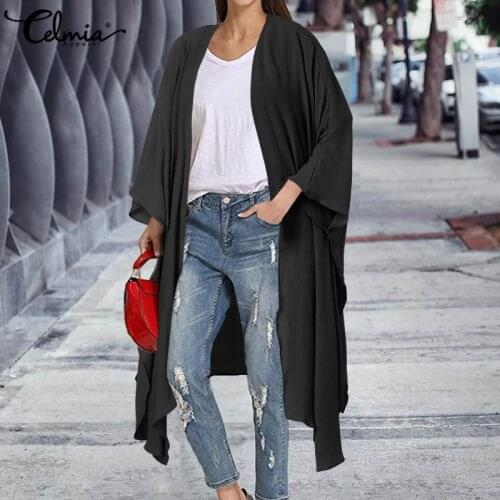 Fashion Kimono Cardigan Celmia Women Blouses Casual Loose Solid Beach Cover Up Long Sleeve Long Tops Female Plus Size Cardigans