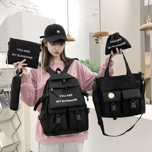 5 Piece Set Kawaii School Bags For Teenage Girls Women Backpack 2021 Canvas Travel Student Notebook Bookbags Fashion Schoolbag