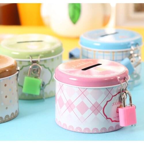 1PC Money Box Round Cute Creative Coin Box Piggy Bank Money Safe Box with Lock and Key Metal Cartoon Birthday Gift for Children