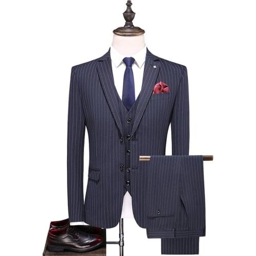 Jacket + Vest + Pants New Fashion Boutique stripe Casual Business Mens Suit Groom Wedding Dress Performance Tuxedo male S-5XL