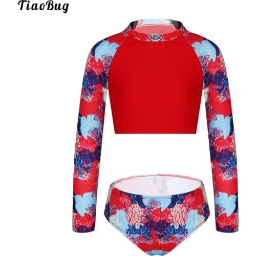 TiaoBug Summer 2Pcs Kid Girls Floral Print Swimwear Round Neck Long Sleeves Cropped Top And Brief Beach Pool Bathing Bikini Suit