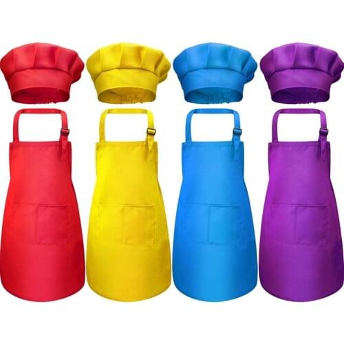 HOT SALE 8-Piece Childrens Apron and Chef Hat Set, Adjustable, with 2-Pocket Kitchen Apron Apron