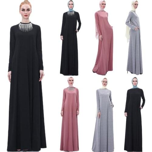 Muslim Women Long Dress Casual Summer Knitted Cotton Kaftan Maxi Robe Rhinestone Tassel Ramadan Islamic Arab Jilbab Gown Fashion