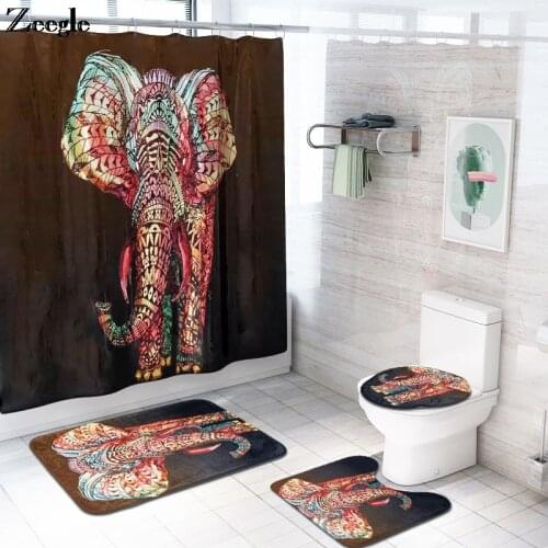 Elephant Print Waterproof Polyester Shower Curtain Set Toilet Cushion Set Shower Curtain with Hooks Toilet Rugs WC Carpet