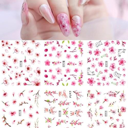 12 pieces /sheet Spring Pink Flowers Figure Nail Water Decals Nail Stickers Nail Art Transfer Sticker Decals Slider Z0393