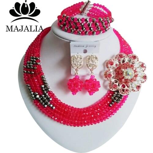 Nigerian Wedding Bride Hot pink Crystal Bead Necklace New Wedding Jewelry African Woman Wedding Banquet Jewelry Set SJ-13