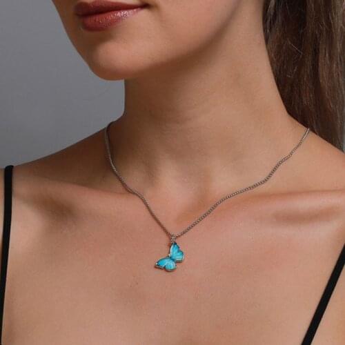 Kpop Fashion Blue Butterfly Necklaces for Women Simple Pendant Girlfriend Clavicle Chain Necklace Choker Birthday Gift