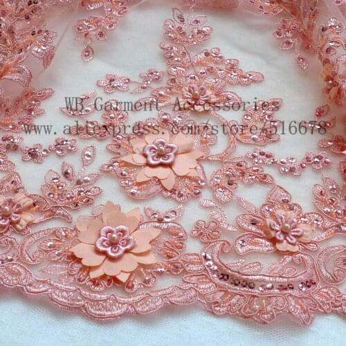 Hot popular elegant 3d chiffon flowers with sequins on tulle cord embroidery lace fabric 6colors fashion dress lace fabric 1yard