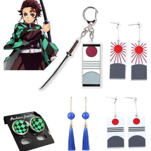 Demon Slayer Kamado Tanjirou Earring Ear Stud Cosplay Props Christmas Gifts Kimetsu No Yaiba Keychain