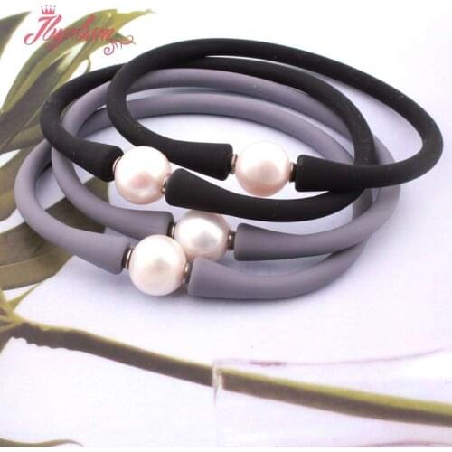 10mm Round Freshwater Pearl Silicone Bracelet Stone Beads Casual Waterproof For Christmas Best Gift Bangle Bracelet 1 Pcs