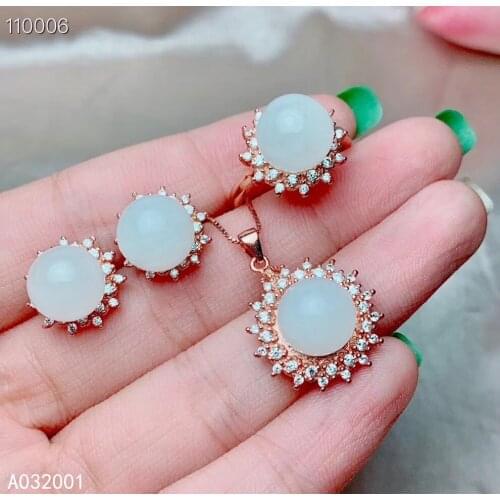 KJJEAXCMY fine jewelry natural white jade 925 sterling silver women pendant necklace ring earrings set support test beautiful