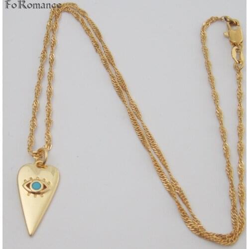 YELLOW GOLD GP 18" WATER WAVE CHAIN & EVIL EYE WITH SMALL BLUE STONE IN HEART SHAPE PENDANT PROTECTION FROM EVIL WIDTH 10MM