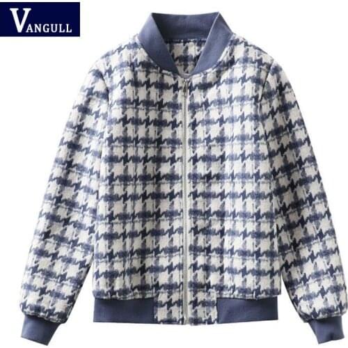 Vangull Zipper Plaid Print Women Bomber Jacket Pocket Female Chic Coat Autumn Long Sleeve Plus Size Short Lady Blue Jacket Coat