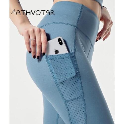 ATHVOTAR Sexy Fitness Leggings Hollow Mesh Side Pocket High Waist Elasticity Sport Yoga Women Pants Running Sport Gym Clothing