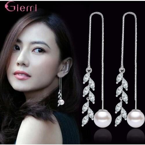 Personality Trendy 925 Sterling Silver Cubic Zirconia Long Tassel Drop Earrings Women Girl Luxury Leaf Pearl Earring Jewelry