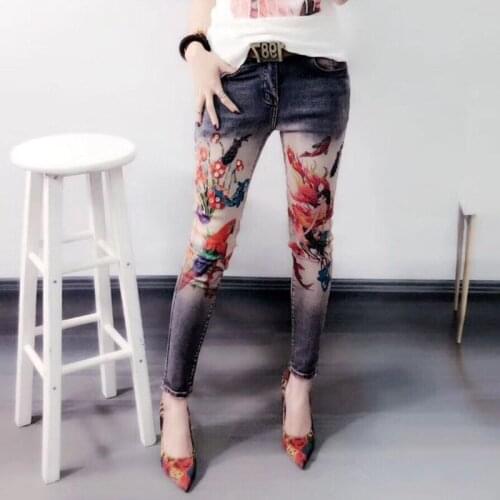 3D Woman Flower Jean Stretch Pattern Painted Jeans Female Womens Stretch Skinny Jeans Girls Vintage Fabric Pants