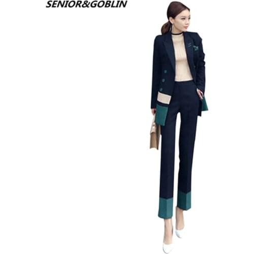 2019 New Autumn Business Pant Suit Women Set Blue Patchwork Blazers Jacket Coat+ OL Office Full Length Pant Ladies Two Piece Set
