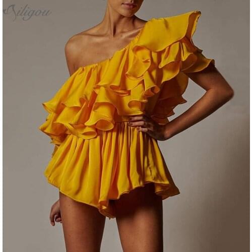 Ailigou 2021 Summer High Quality Sexy One-Shoulder Jumpsuit Ladies Fashion Solid Color Ruffled Short Elegant Pleated Jumpsuit